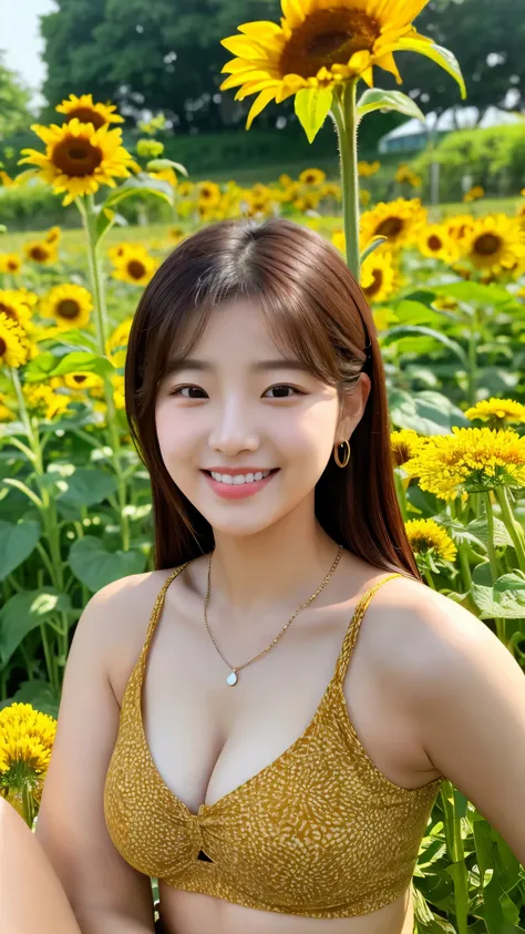 close-up, of beautiful korean female, wearing crop top , 34 inch breast sizes, slightly smile,, wearing tank top, necklace, sitting in sunflower field,  UHD