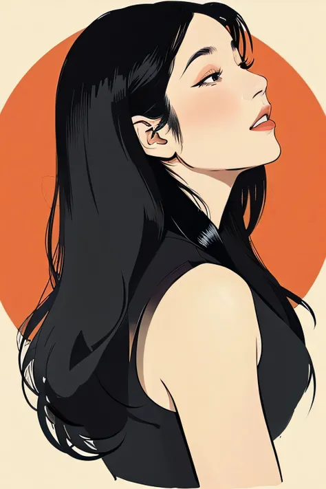 Mucha style illustration, black hair,long hair,profile，