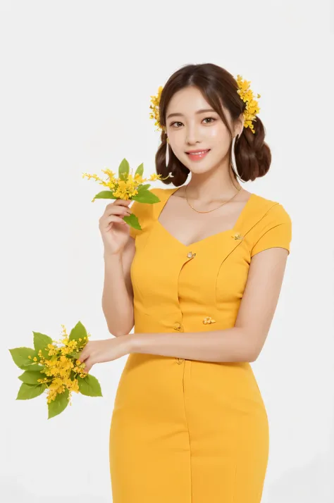 araffe woman in a yellow dress holding a bunch of flowers, lady using yellow dress, wearing a yellow dress, gorgeous young korean woman, yellow hue, beautiful yellow woman, with flowers, heonhwa choe, beautiful young korean woman, taejune kim, with yellow ...