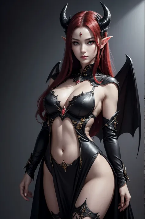 8K,Demon Empress,Sharp-toothed Empress,pointed ears,devil&#39;s horns,Super beautiful(like the real thing),Gorgeous black and white dress,Sexy adult empress,Devil makeup,red hair,Bats wings on the back,perfect face,Perfect hand shape,pale skin,Sexy body li...