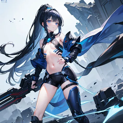 dark blue hair，long hair，Bangs，high ponytail，Bangs neatly，gray eyes，Black hair rope，girl，flat chest，High tech armor，Glowing Armor，high tech，whole body，stand on the ground，With a long gun in hand，Does not expose fingers，Background with blue sky and white cl...