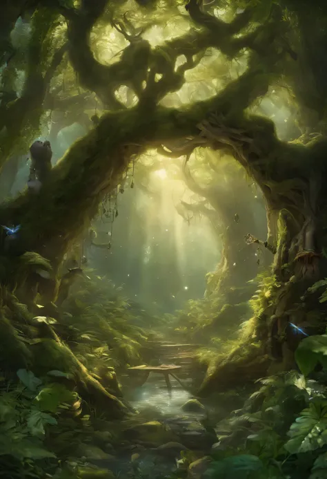 “Create a sprawling and enchanting forest teeming with life and magic. Describe towering ancient trees adorned with glowing foliage, their branches reaching towards the sky like outstretched arms. Paint a picture of dappled sunlight filtering through the d...