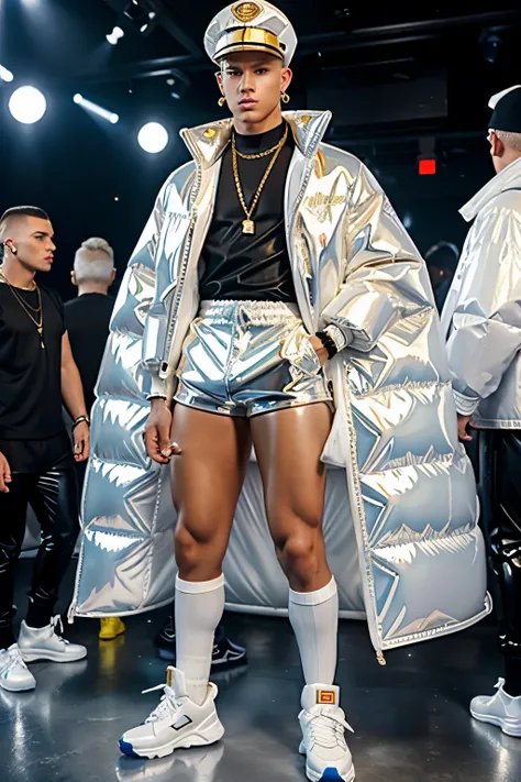 full view young 8 years blond boy undercut haircut with massive extrem siliconed big lips, in white rubber shiny puffy down jacket, white rubber tightshorts, white latex shiny socks, white steel cap toed shoes, dozens of golden rings, golden jewelery, big ...