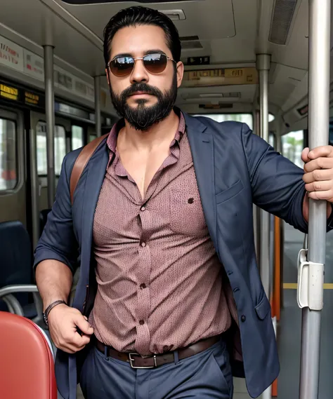 Parte superior del cuerpo, 38 year old man with beard and sunglasses. Hombre vistiendo ropa formal con camisa roja, on public transport .