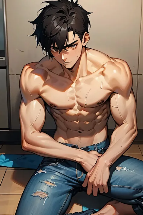 shirtless super muscular sweat-drenched tired 23-year old short black hair handsome caucasian male, tattered jeans, sitting on the floor
