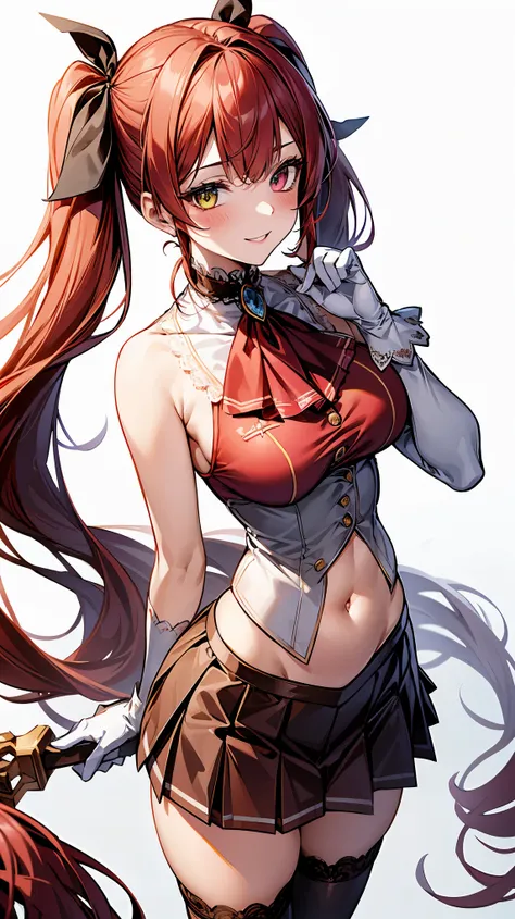 an illustration of a young woman in tight fitting outfit holding a whip, 1girl, houshou marine, solo, virtual youtuber, breasts, twintails, red hair, heterochromia, thighhighs, red eyes, yellow eyes, skirt, white gloves, gloves, long hair, looking at viewe...