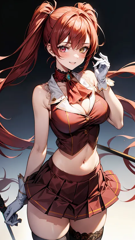 an illustration of a young woman in tight fitting outfit holding a whip, 1girl, houshou marine, solo, virtual youtuber, breasts, twintails, red hair, heterochromia, thighhighs, red eyes, yellow eyes, skirt, white gloves, gloves, long hair, looking at viewe...