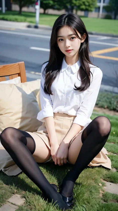 best quality, full body portrait, delicate face,very cute and pretty face, 15 year old female, slim body, , OL uniform, office uniform, black stockings, outdoor scene, Sitting position, spread legs