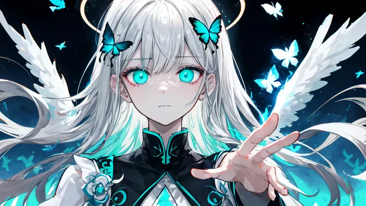 Best Quality、masutepiece、Ultra-detailed、face perfect、Extremely detailed、Extremely delicate、1 boy, (Scary), Angel, blanche hair、Long hair、Gorgeolanche&#39;The halo),(blanche halo) Dark, Glowing eyes, Light green eyes, Angel wings,  holy, , blanche tunic, 2 ...