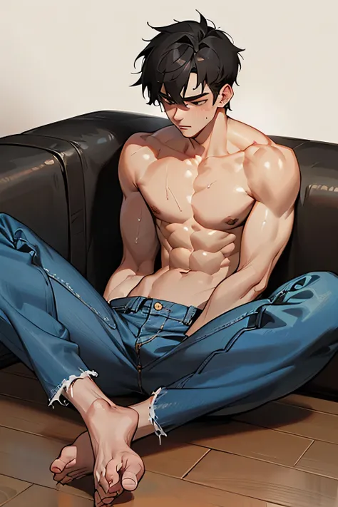 shirtless super muscular sweat-drenched tired 23-year old short black hair handsome caucasian male, tattered jeans, sitting on the floor
