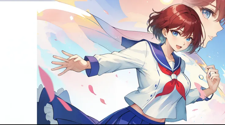 anime woman、solo、masterpiece、highest quality、High resolution、Woman with short brown hair、blue eyed woman、big breasts、woman with very large breasts、collarbone、tall woman、、high school girl、sailor suit、white shirt、Light blue sailor collar、red neckerchief、long...