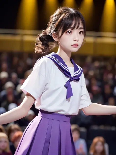 White base with purple-red sailor suit、tulle skirt、23 years old, Performing on an empty stage, concert photos, cute core、(bob hair)、(((watching the audience)))、ribbon on head、（自然でdetailed face立ち、beautiful and detailed eyes、beautiful and dense lips、very det...