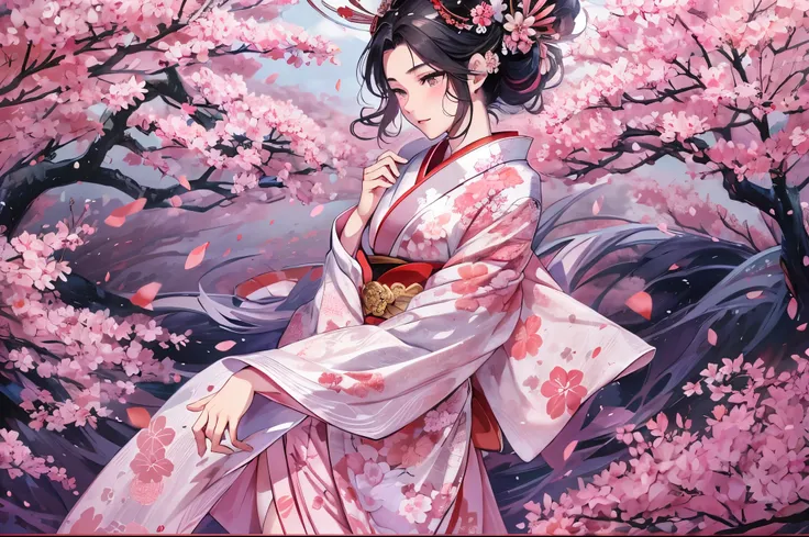 highres,stunning,traditional Japanese art,gorgeous cherry blossom garden,samurai and geisha in the center, couple, dorama, serene and elegant,wind blowing through their kimonos,Ukiyo-e inspired,delicate sakura petals swirling around,exquisite details in th...