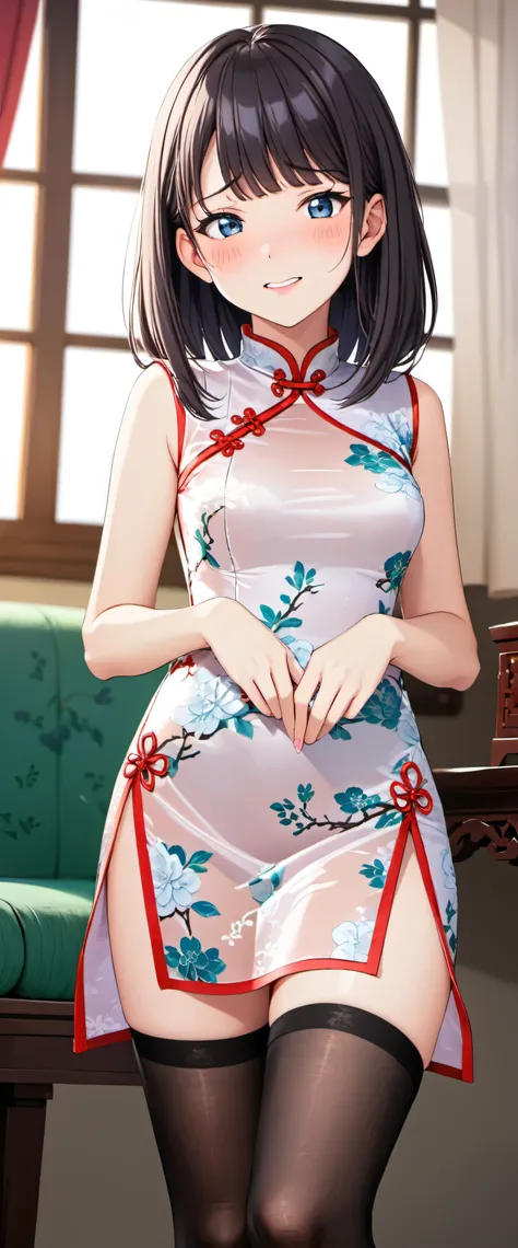 High resolution, 18 year old female , good lighting, despicable, , (No nudity), (((Silk cheongsam))),(stockings),cute face, I'm embarrassed and blush, humiliating, ((See-through)),