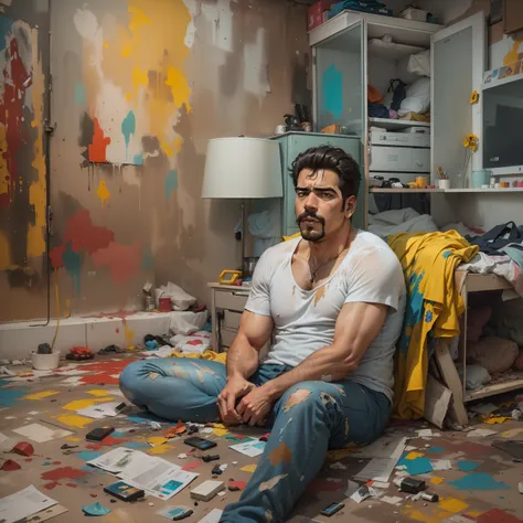 (masterpiece, better quality, very detailed, bright colors, 포fury), mature man, In a modern apartment, On the chair,sad face , discouragement, Messy house , nervousness, Confused,woe,fury