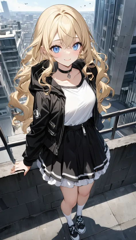 high school student　blonde　wavy hair　cute　beautiful girl　blue eyes　white t-shirt（The neck is black）　black tiered skirt（White check）（knee length）　clear　outside　In town　big city　building　beautiful feet　black choker（silver star）　Fair skin　smile　from diagonall...