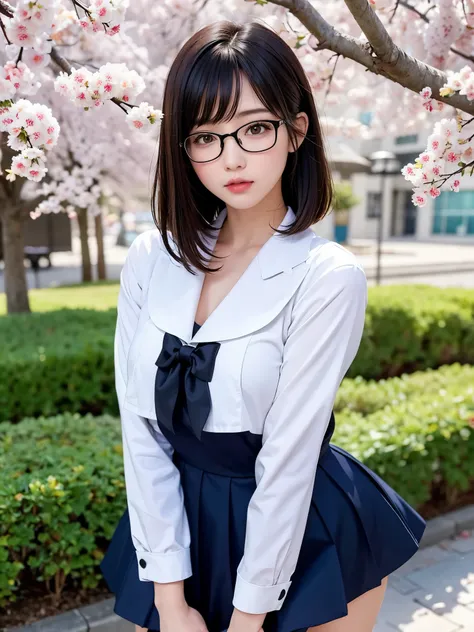 ((master piece))、((super detailed))、((beautiful girl))、(best quality)、(Cherry tree in full bloom)、(looking at the viewer)、(glamorous body)、(realistic black hair)、reflex hair、pout a little、beautiful and fine eyes、big rim glasses、(sailor suit)