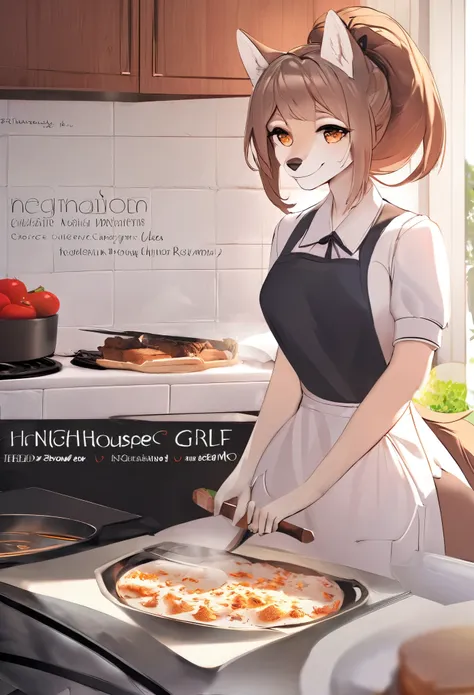 cover page, Cuisine Information Journal, highres, top quality, best quality, paid reward available, High-quality illustrations, unparalleled masterpiece, perfect artwork, absurdres(lovers, housekeeper girl, cooking, wolf husband)Newlyweds, kitchen, smile:0...