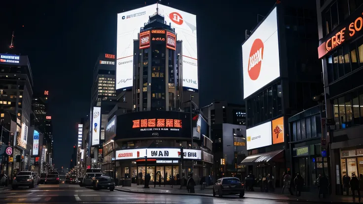 one big led screen hung up high, in the middle of a big city at night