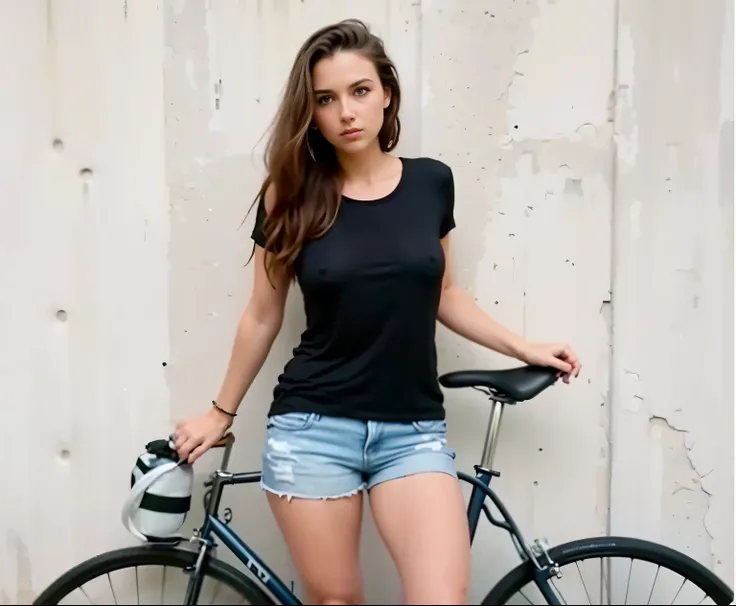 mulher arafiada parada ao lado de uma bicicleta encostada na parede, Anna Nikonova aka Newmilky, dasha taran, vestindo shorts e camiseta, vestida com top e shorts, bicicleta, Aleksandra Waliszewska, Retrato de Sophie Mudd, Madalena more often, foto de uma ...