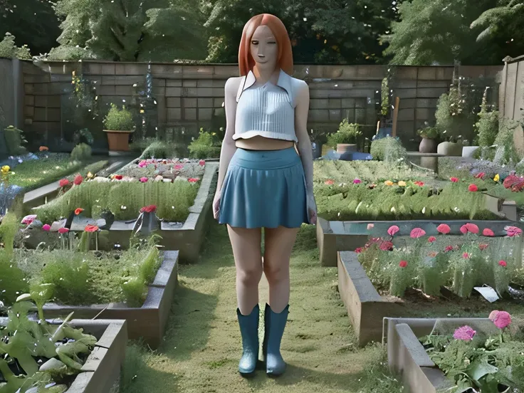 Girl standing in the garden. Alter 12 Jahre. wears a short blue skirt.. wears blue bootshas red hair.