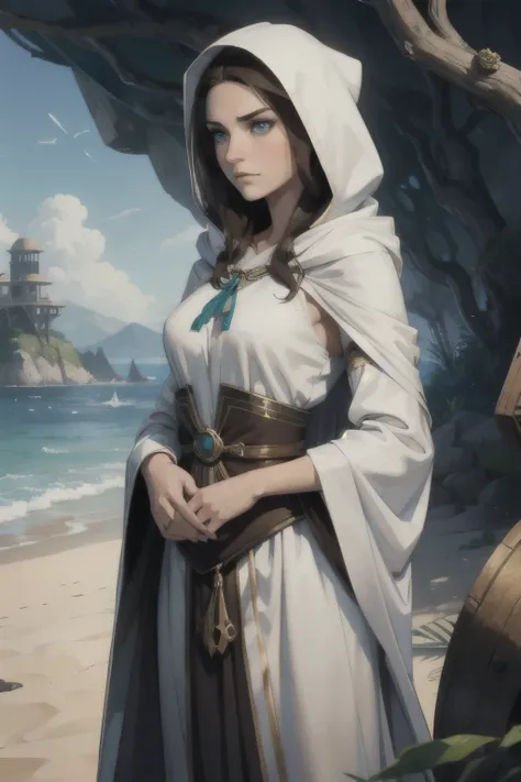 A beautiful flushed woman, with green eyes and brown hair she is a sorceress wearing white and gold noble robes With Hood A princess of magic and a sad look of dramatic concern, in a pirate beach
