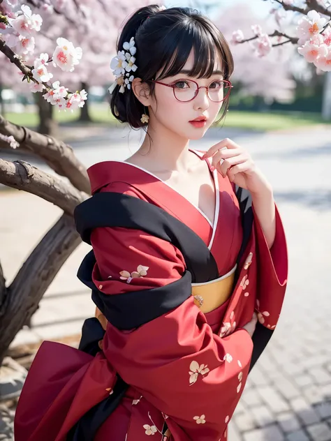 ((master piece))、((super detailed))、((beautiful girl))、(best quality)、(Cherry tree in full bloom)、(looking at the viewer)、(glamorous body)、(realistic black hair)、reflex hair、pout a little、beautiful and fine eyes、big rim glasses、(red kimono、open shoulder)