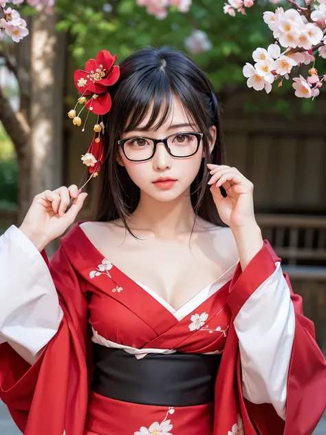 ((master piece))、((super detailed))、((beautiful girl))、(best quality)、(Cherry tree in full bloom)、(looking at the viewer)、(glamorous body)、(realistic black hair)、reflex hair、pout a little、beautiful and fine eyes、big rim glasses、(red kimono、open shoulder)