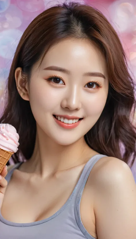 close-up, of beautiful korean female, wearing crop top , 34 inch breast sizes, slightly smile,wearing tank top, holding chocolate ice-cream , nokeh background, UHD