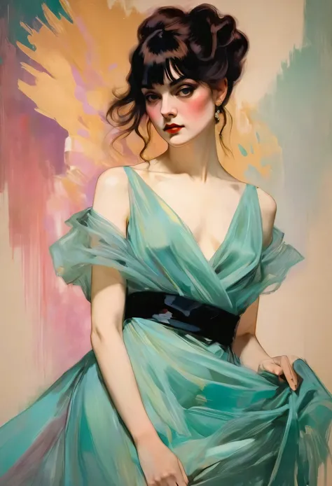 (thick and bold) ink sketch technique on sensual illustration of an elegant bride (((medium hair with bangs:1.4、Beautiful bangs) , vintage ,silky dress, matte painting, by John Singer Sargent, by Harumi Hironaka, extremely soft colors, dark fashion , Tiffa...