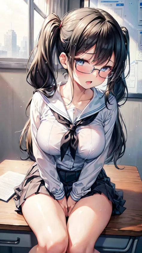 (Ultra-high resolution of the highest quality, masutepiece, Best Quality, 8K, Super Detail, Best Quality:1.3), (1 woman:1.7), (slender body:1.4), (large breasts:1.2), drooping eyes, (blush cheek:1.3), long hair, (black hair:1.4), (lowtwintail:1.6), (light ...