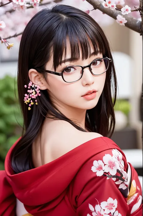 ((master piece))、((super detailed))、((beautiful girl))、(best quality)、(Cherry tree in full bloom)、(looking at the viewer)、(glamorous body)、(realistic black hair)、reflex hair、pout a little、beautiful and fine eyes、big rim glasses、(red kimono、open shoulder)