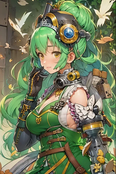 Anime girl posing for the camera with green hair and steampunk dress, fofa, jovem, olhos castanhos, garota anime sedutora, Biomechanical Oppai, do videogame atelier riza, linda mulher de anime sedutora, steampunk linda mulher anime, peito fofo, Animes de a...