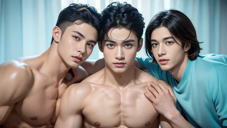 (Masterpiece:1.2, Best Quality), (Exquisite eyes and exquisite face:1.3), ( beautiful and clear background: 1.2), Bright and contrasting colours, extremely detailed CGI, Super detailed, “Create an image of three attractive teenage boys with the appearance,...