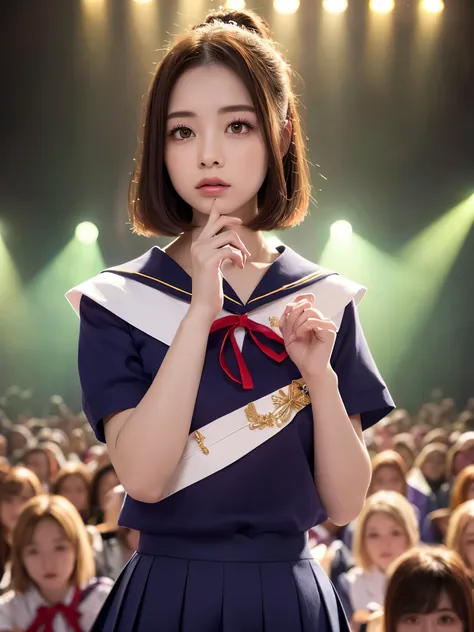 White base with purple-red sailor suit、tulle skirt、23 years old, Performing on an empty stage, concert photos, cute core、(bob hair)、(((watching the audience)))、ribbon on head、（自然でdetailed face立ち、beautiful and detailed eyes、beautiful and dense lips、very det...