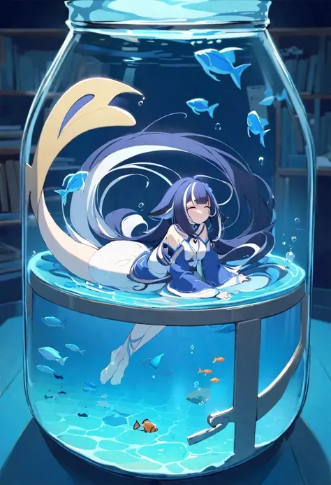 ((shylily)),（（（（（inside jar）））））、one-girl, ((full bodyesbian)), hair adornments, adolable, small, A piece of, longer sleeves, sitted, Barefoot, Indoors, Bareleged, desks, Knees, desk work, (The fish, airbubble, under the water, airbubble),