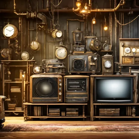 Steampunk scene with televisions and old things