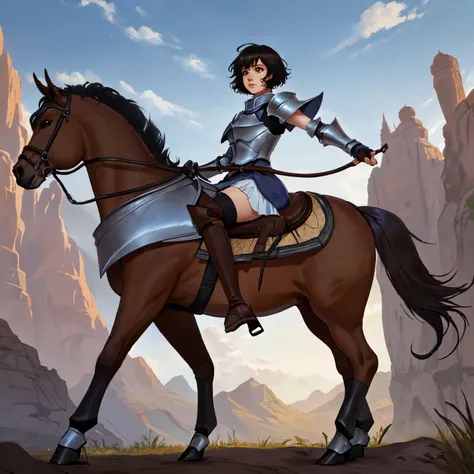 4k, 8k, hdr, wallpaper, realistic, cinematic lighting, ((best quality)), ((masterpiece)), (detailed), perfect face, anime style, pixie cut, short hair {black hair}, both hands holding tightly, reins, (female knight, brown eyes, white armor, black miniskirt...