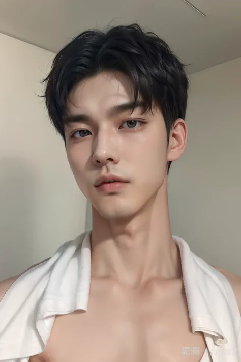 arafed man with a white towel on his chest, cai xukun, inspired by Zhang Han, male ulzzang, yanjun chengt, south korean male, jinyoung shin, 1 7 - year - old boy thin face, loong, kanliu666, handsome japanese demon boy, inspired by Bian Shoumin, inspired b...