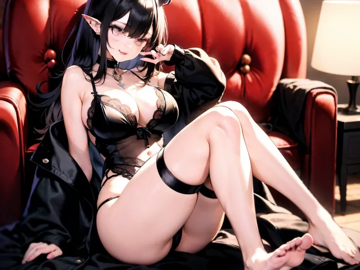 confident, goth succubus with horns and black hair, curvy hentai girl, sexy latex, big , lingerie, wearing robe, sitting, showing off feet, pretty toes