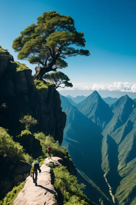 An individual climbing a towering mountain peaks, a testament to the indomitable power of faith and unyielding perseverance. At the foot of the mountain, the lush greenery blankets the earth, a vibrant contrast to the steep, rugged terrain that ascends int...