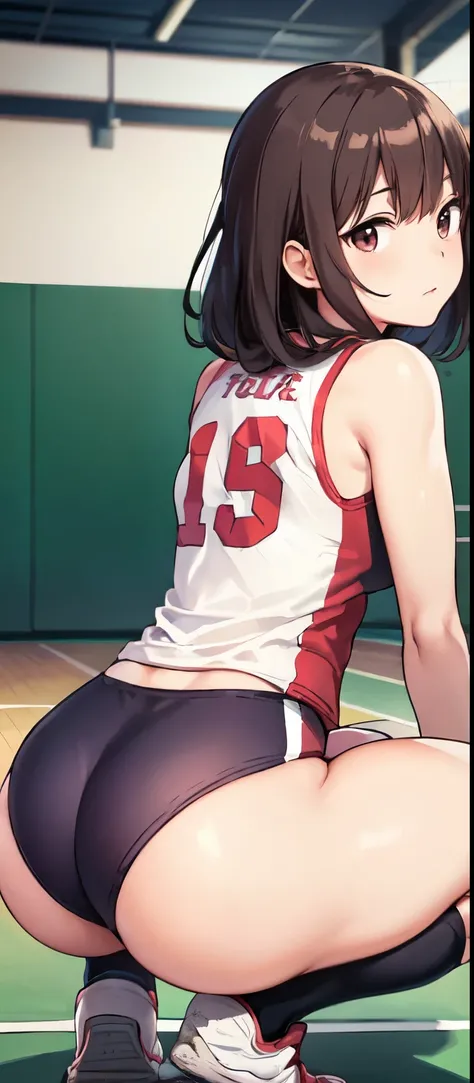 1lady solo, /(volleyball uniform/), /(dark brown hair/) bangs, blushing, (masterpiece best quality:1.2) delicate illustration ultra-detailed, BREAK /(volleyball court indoors/), crouching, from back, ass, looking back, buttocks 