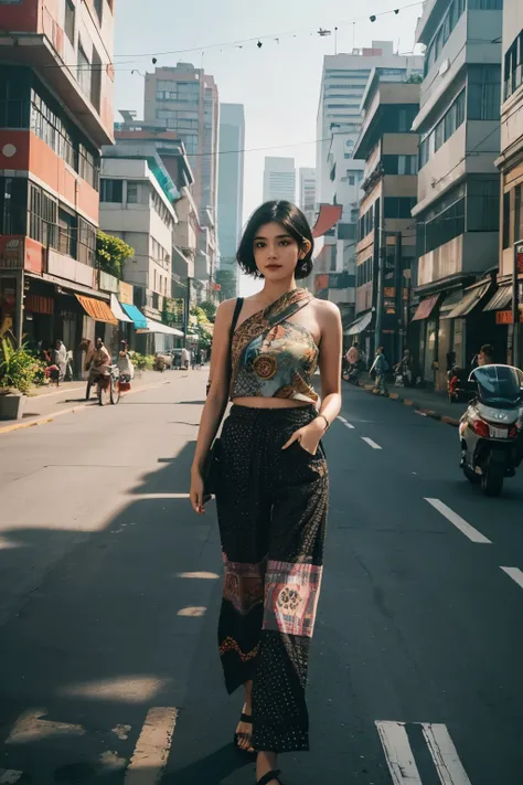 candid photo of a girl, short shoulder hair, black hair, wearing batik pattern colorful shirt, long pants, walk in city of jakar...