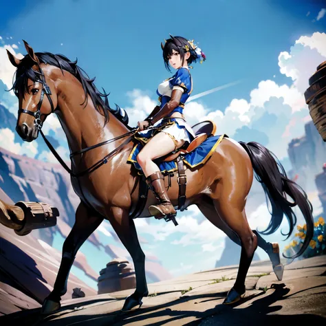 4k, 8k, hdr, wallpaper, realistic, cinematic lighting, ((best quality)), ((masterpiece)), (detailed), perfect face, anime style, pixie cut, short hair {black hair}, both hands holding tightly, reins, (female knight, brown eyes, white armor, black miniskirt...