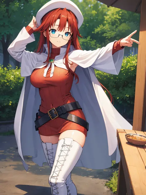 summonnightaty, aty, long hair, blue eyes, red hair, beret, hat, glasses,
BREAK long hair, thighhighs, hat, dress, boots, glasses, belt, cape, sweater, zettai ryouiki, beret, thigh boots, white footwear, ribbed sweater, loose belt,solo,
BREAK outdoors, fan...
