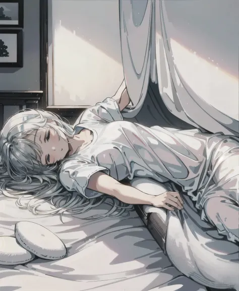 Refreshing morning light, iridescent highlights, A cool woman around 25 years old,  Blank white sheets make me sleepy, silver hair, Wearing a chubby T-shirt