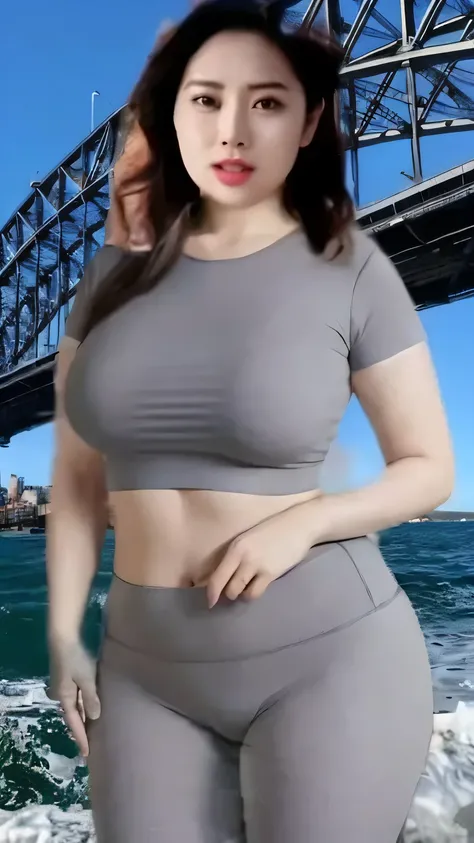 A woman wearing a gray top and gray shorts stands in front of the bridge, Tik, plump, She has a wobbly fat belly, Beautiful curves, revealing clothes, wearing tight shirt, soft Beautiful curves shape, Beautiful curves build, thick body, tight shirt, Wear t...