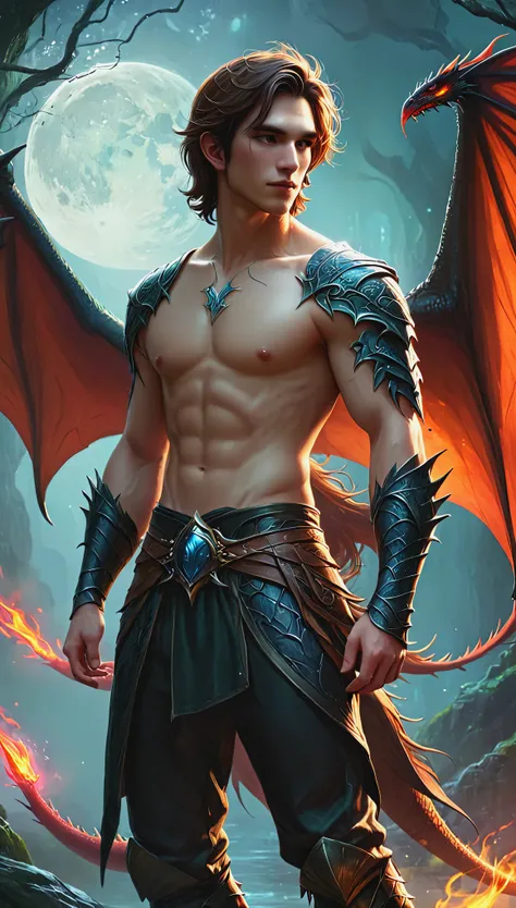 brown-haired, full length, guy Dragon in dark fantasy