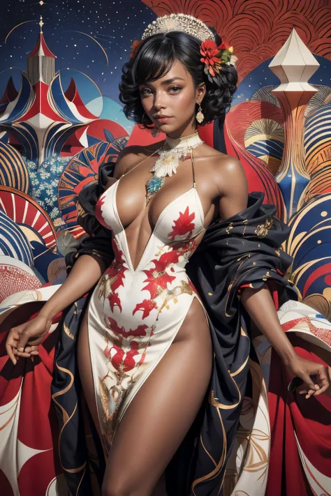 In the heart of an intriguing edifice, a dark-skinned black woman poses for a half-body shot. Adorned in a stunning crested crane designed dress, the fabric flows gracefully against her curves. Rows of red, blue, and white cubism art squares decorate the b...