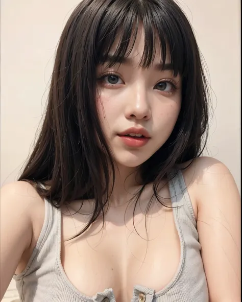 Asian, coreana com o cabelo preto, olhos puxados, red lips, jovem